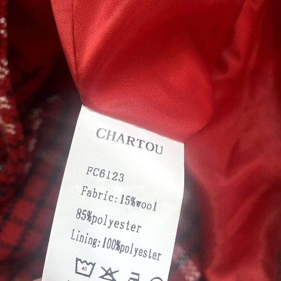 Chartou Red White Plaid Peacoat Winter Coat Longline Wool Blend Size Small‎ - Picture 6 of 6